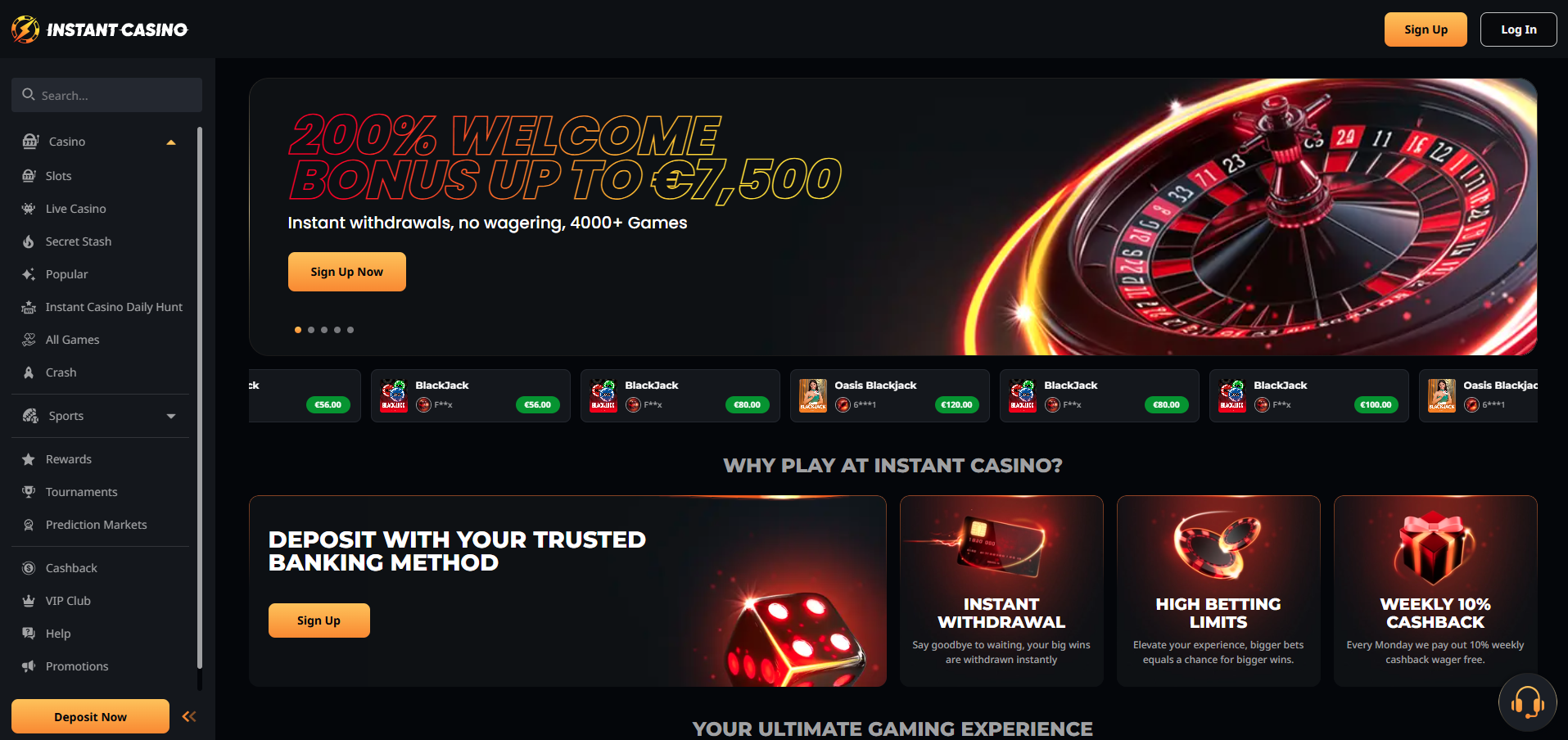 Instant Casino - Bitcoin casino site - homepage on desktop